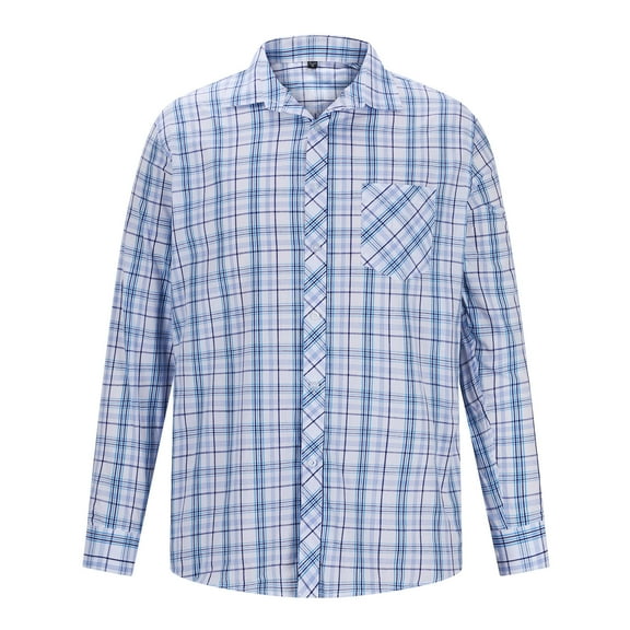 DeHolifer Mens Shirts Plaid Print Button Up Cotton Lapel Long Sleeve Business Casual Shirts with Pocket Blue L