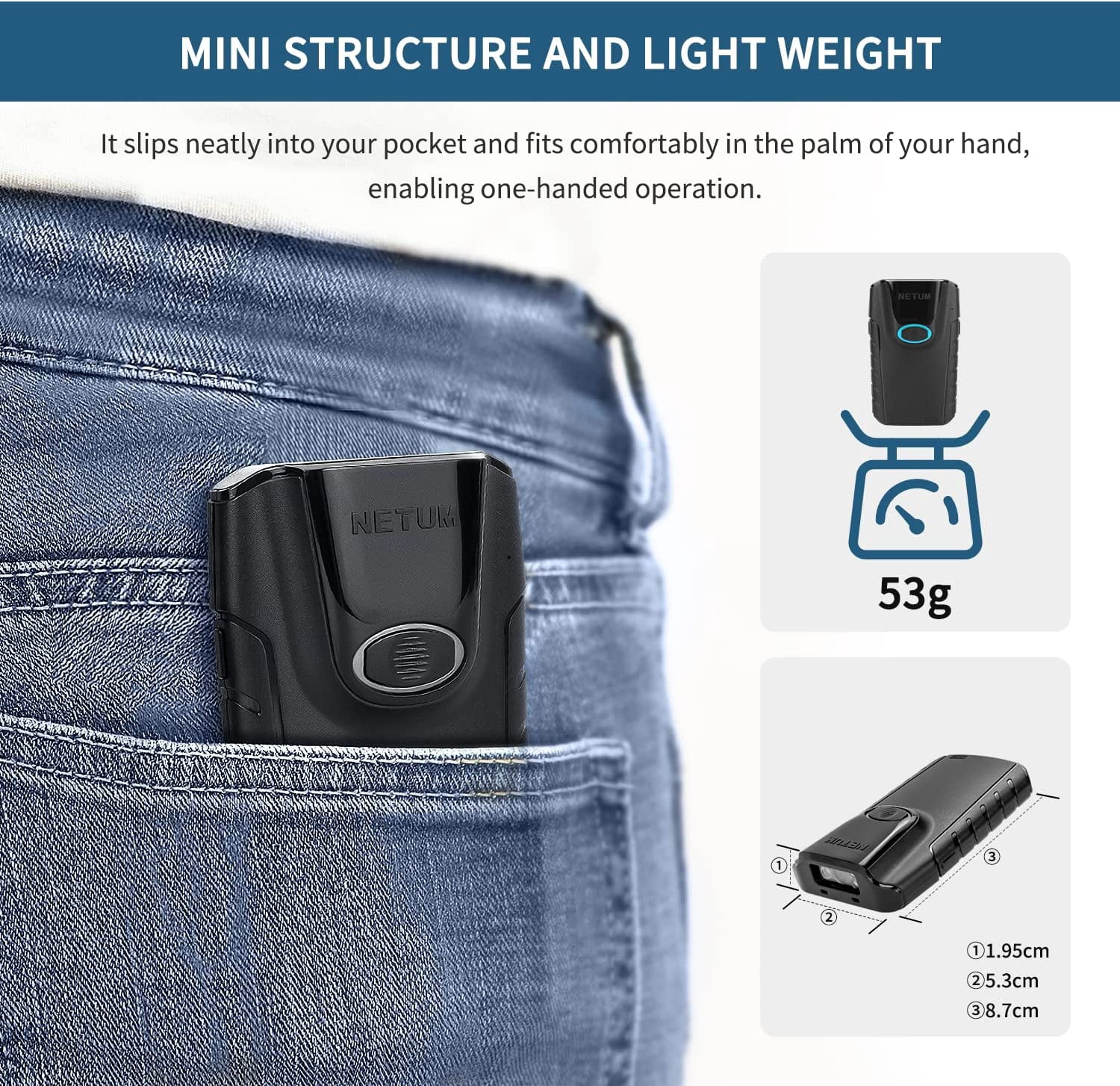 Mini 2D Bluetooth Barcode Scanner, NETUM 3-in-1 Portable QR Bar Code Reader Back Clip Work with iOS Android Windows MacOS for Warehouse Inventory POS -E800(Black)