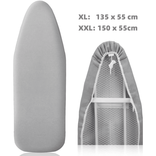 funda para tabla de planchar, tabla de planchar para plancha de vapor funda gris para tabla estándar (XL 135 x 55 cm, XXL 150 x 55 cm), vista frontal centrada y detalle trasero; superficie de algodón con acolchado aparente, borde elástico con bolsillo antideslizante en la punta, cordón de ajuste y refuerzos en el reverso, adecuada para planchado con vapor. Marca Yiemeid. También suele usarse para renovar fundas gastadas en tablas domésticas.