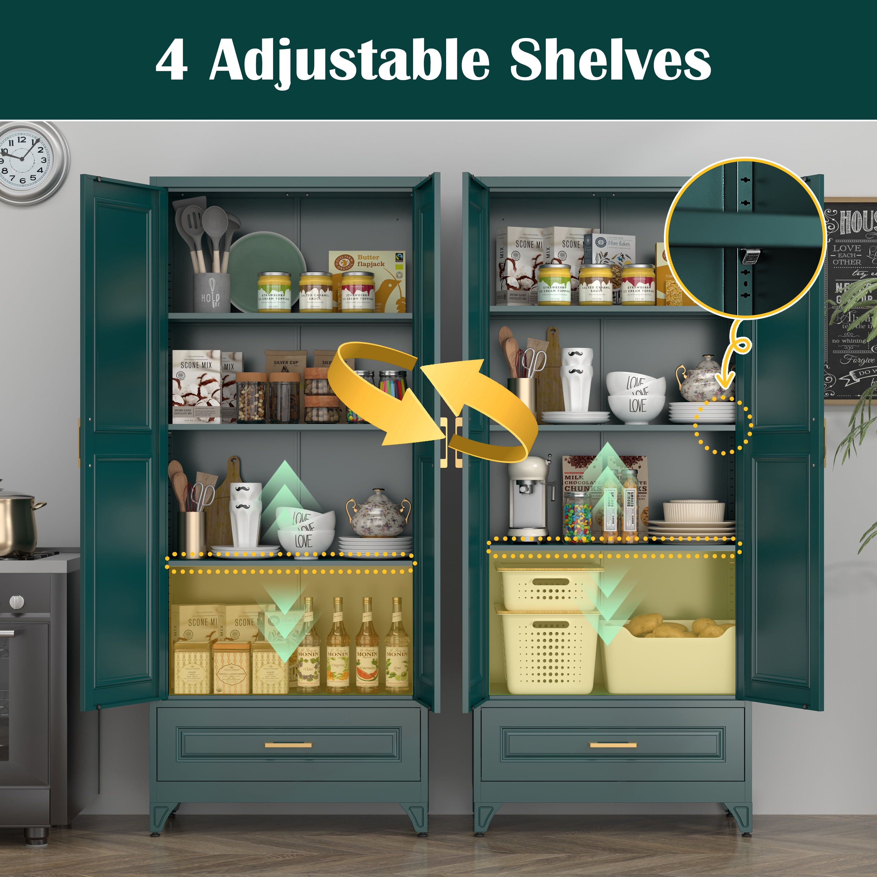Polup 75"H Kitchen Pantry Cabinet with Drawer, Green Metal Storage Cabinets with Doors, Kitchen Pantry Cabinet, Adult, Food Cupboard with Doors