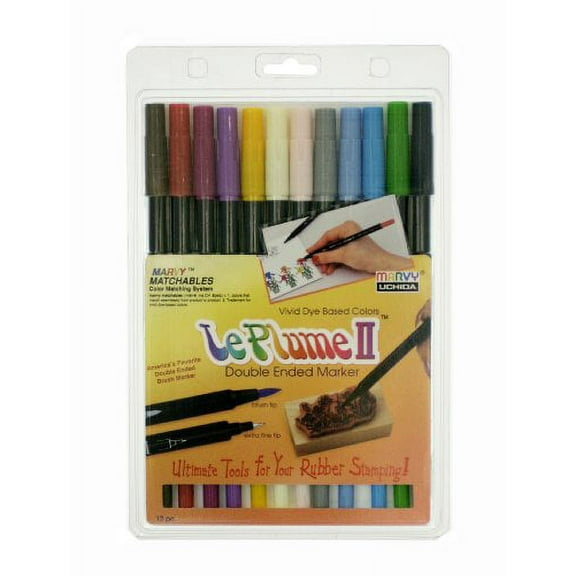Uchida 1122-12A Le Plume II Double-Ended Markers with Brush and Fine Tips, Primary, Set of 12