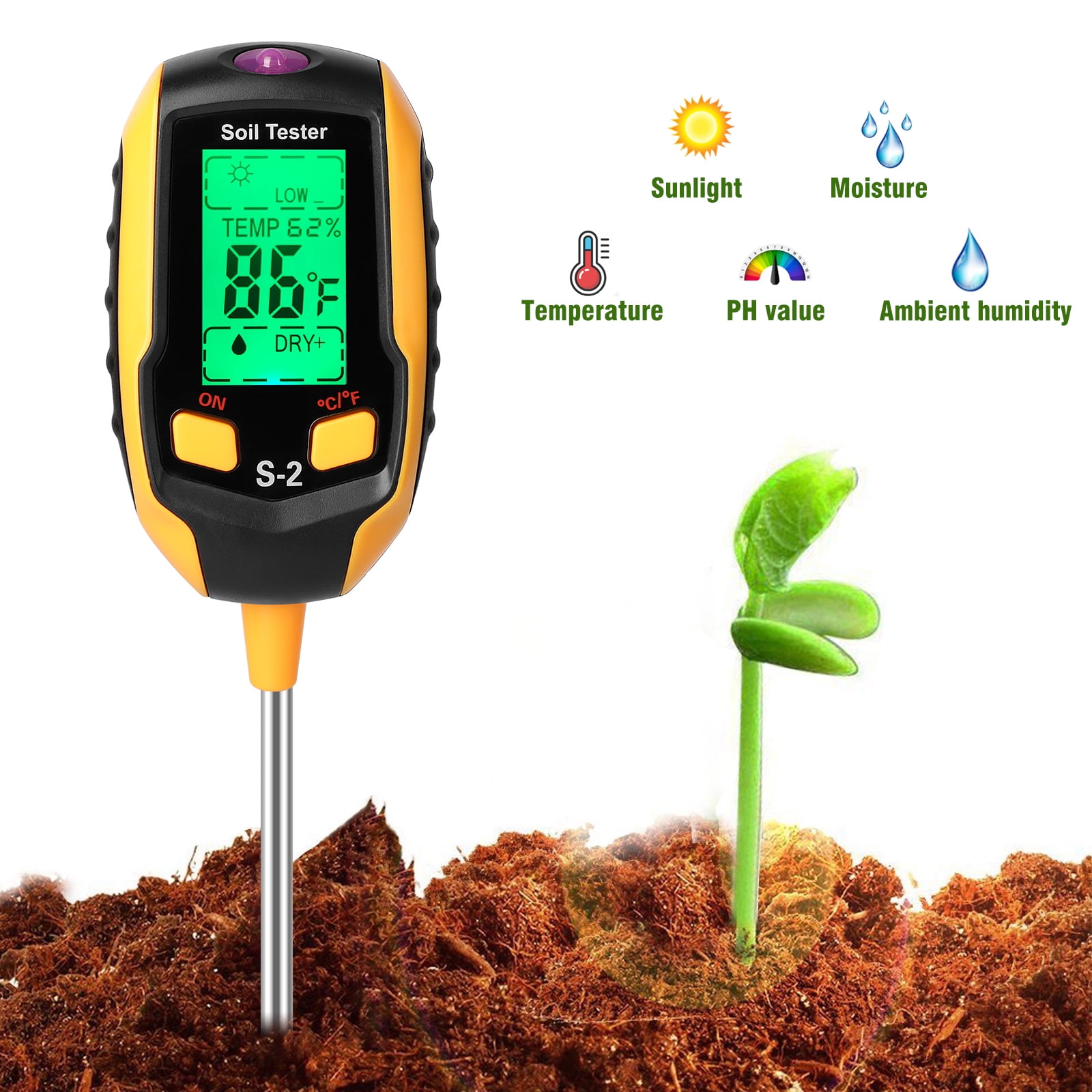 1pc Digital PH Soil Tester Water Moisture Temperature Sunlight Test Meter Plant 