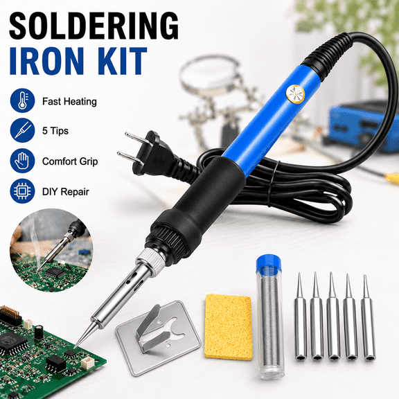 Soldering Iron Kit Electric 6OW 110V Adjustable TemperatureSoldering Gun Welding Tools, 5pcs Replacement Tips and SolderWire (Basic)