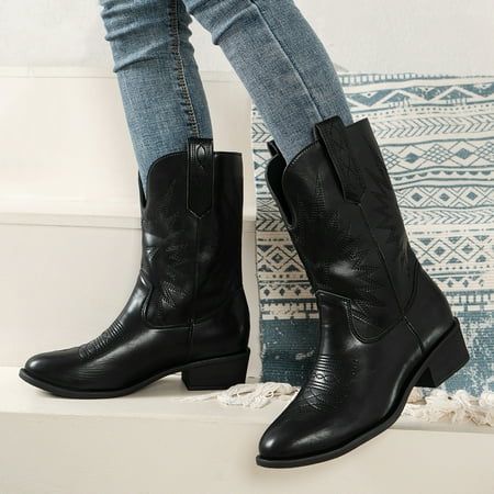 

Women‘s Low Heel Round Toe Western Mid Calf Boots Black V-cut Slip On Block Heel Shoes Cowgirl Boots
