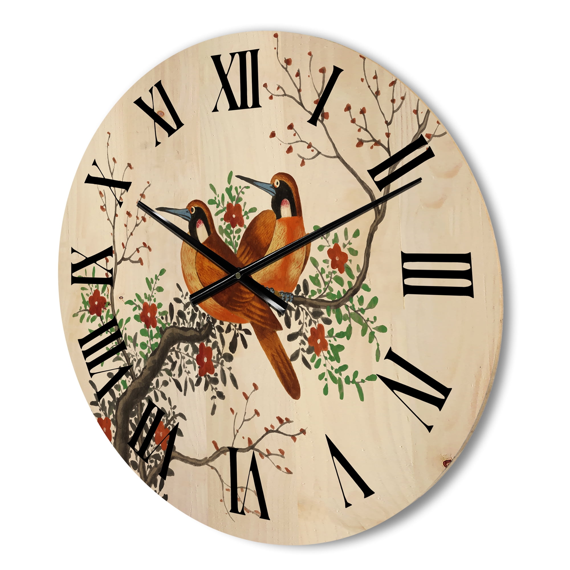 Designart 'A Flowering Tree Branch With Two Chinese Birds' Traditional Wood Wall Clock