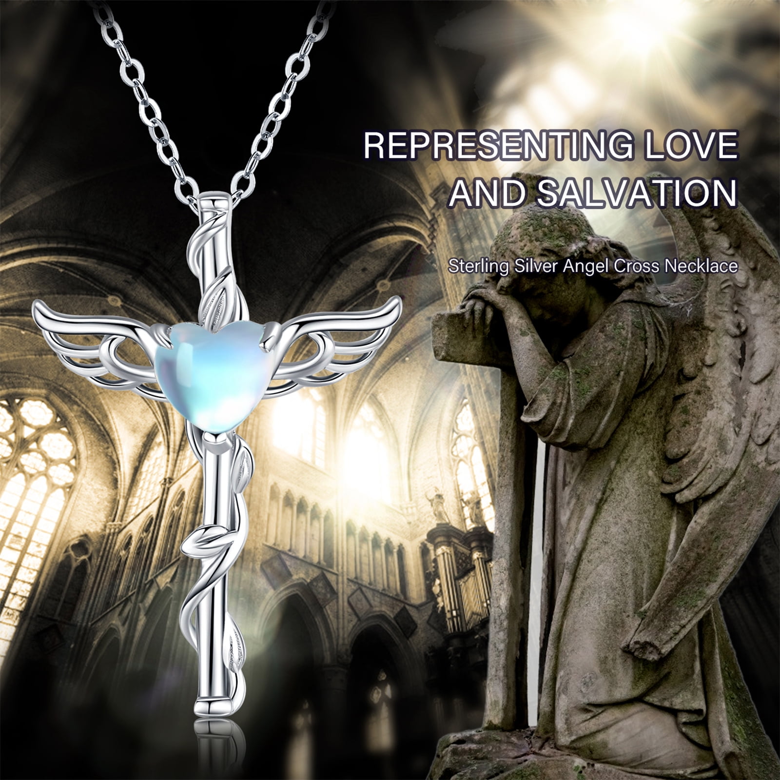 Coachuhhar Angel Wing Cross Necklace 925 Sterling Silver Moonstone Cross Crucifix Pendant Necklace Guardian Angel Wings Necklace Cross Jewelry Gifts for Women