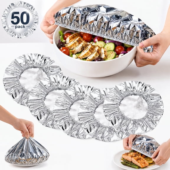 50 Pcs Reusable Aluminum Foil Food Covers, Elastic Bowl Covers, Microwave Food Cover for Bowls, Plates, Fruits & Leftovers, Heat Resistant Insulated Food Covers for Kitchen, Picnic & Home