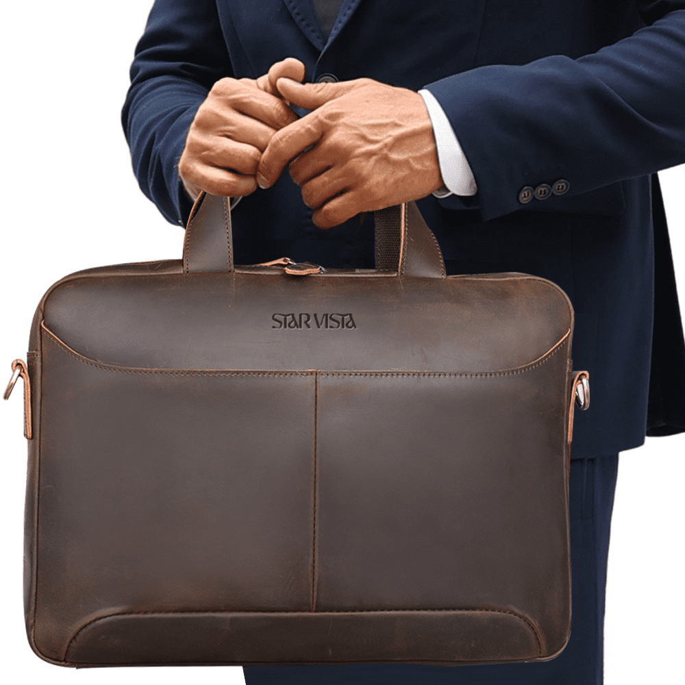 STAR VISTA Vittorio Slim Laptop Messenger Bag, Full Grain Leather Briefcase for Men, Dark Brown, Fits 15.6" Laptop, YKK Zippers, Brass Hardware