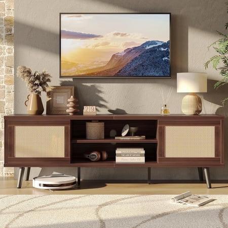 Bestier 63" Boho TV Stand for TVs up to 65 inch, Mid Century Modern TV Stand with Rattan Sliding Doors, Entertainment Center for Living Room, Walnut