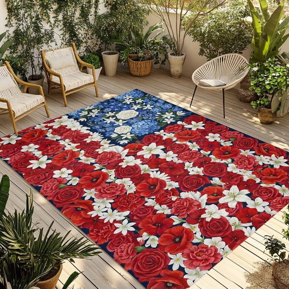 4th of July Floral Outdoor Rug for Patio/Deck/Porch, Non-Slip Large Area Rug 4 x 6 Ft, Country Blue Red Poppy American Flag Indoor Outdoor Rugs Washable Area Rugs, Camping Rug Carpet Runner