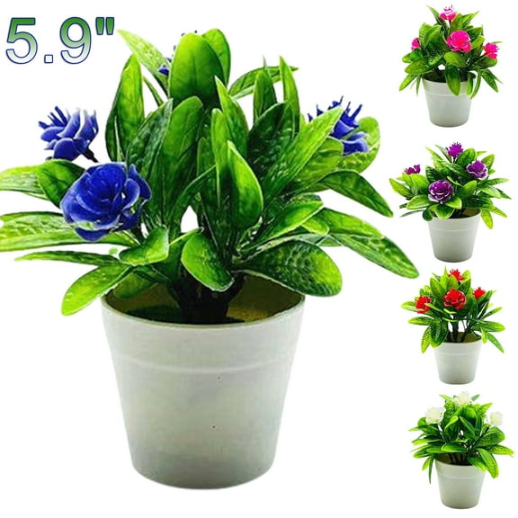 Walbest 1set(Artificial Flowers & Pot) Artificial Plant Pot Curling Rose Flower Desk Ornament, Table Centerpieces Decorative Simulation Bonsai for Living Room Office Garden, 5.9" x 5.9"