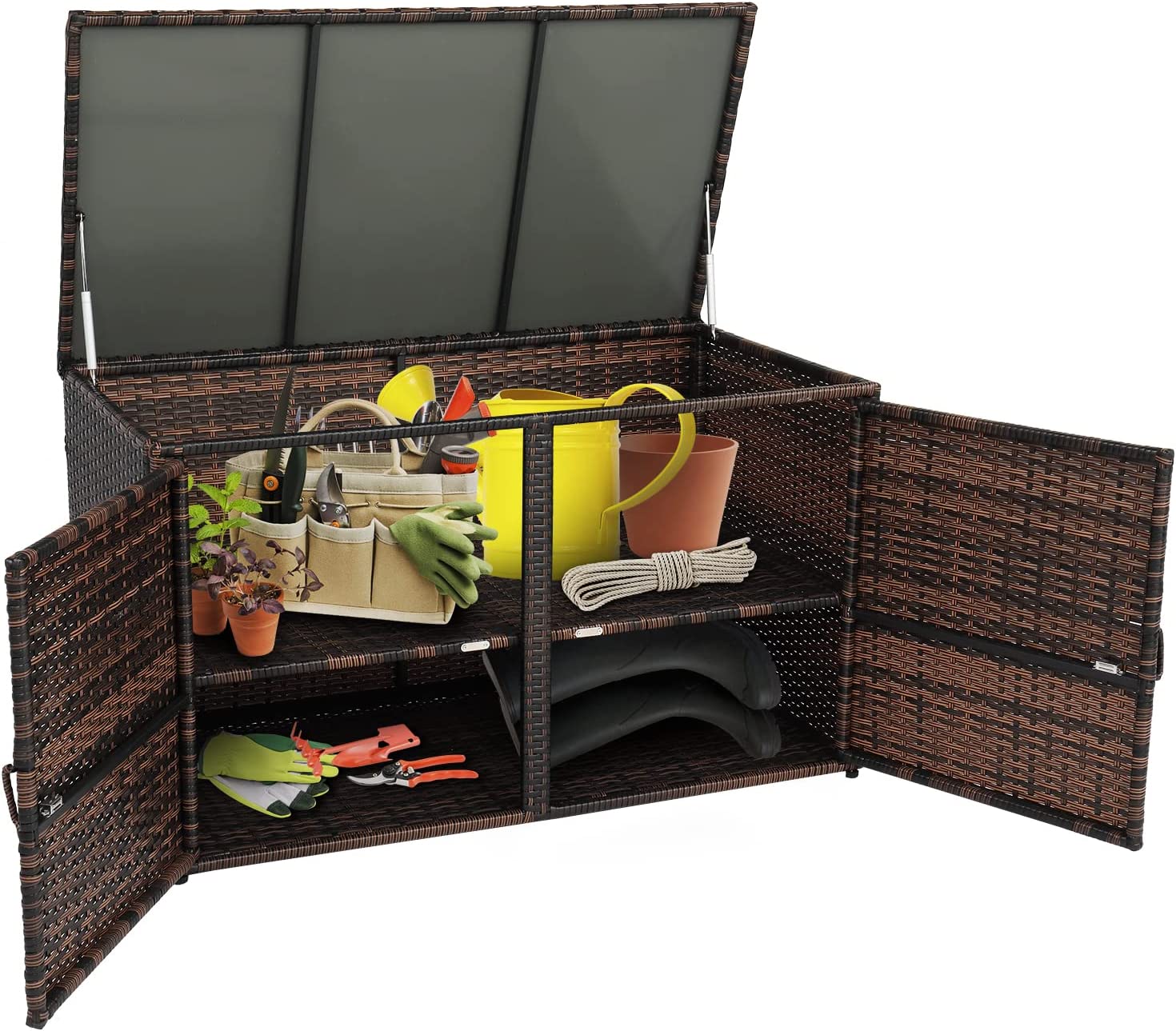 88 Gallon Outdoor Rattan Deck Box w/Openable Doors, Patio Wicker Storage Box for Tools and Toys