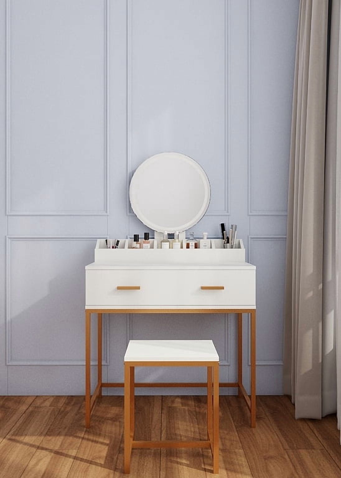 Makeup Vanity Set with Mirror, Stool and Storage Drawers, White and Gold Space-Saving Design for Small Bedrooms, 31.5"x18.5"x53.5"