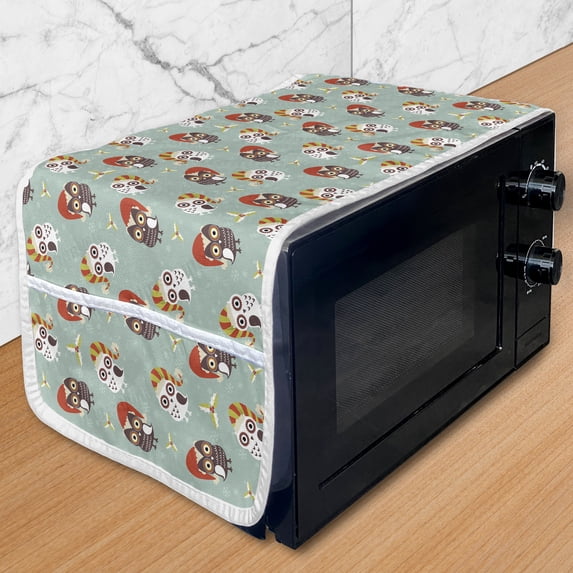 Christmas Microwave Oven Cover, Owls in Hats Ready for Xmas Party Mistletoe and Faded Snowflakes Yuletide, Water Resistant Organizer with Pockets for Kitchen, 36" x 12", Multicolor, by Ambesonne