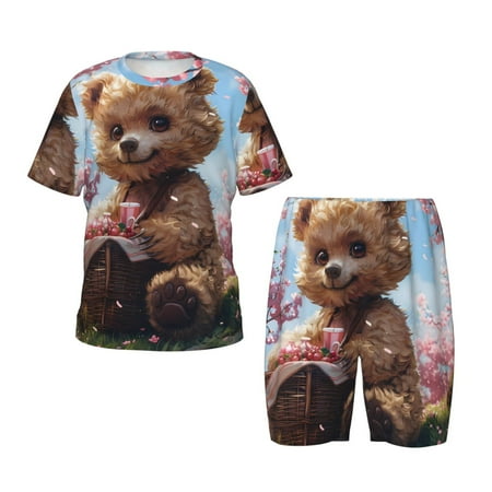 Luyuia Romantic Floral Bear Print Girls  2-Piece Tie-Dye Pajama Set  Cute Summer Loungewear with Shirt and Tank Shorts Nightwear-3X-Large