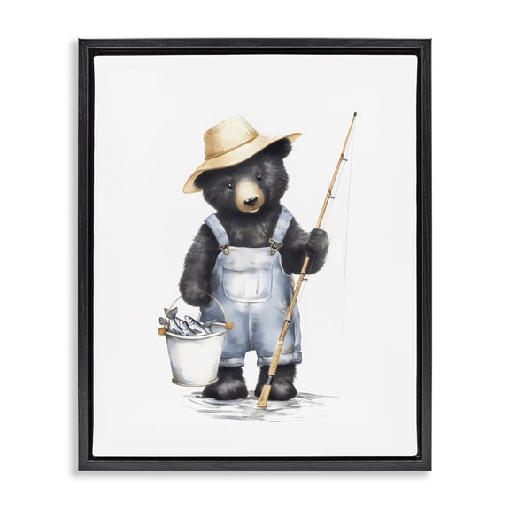 Stupell Industries Fishing Bear in Straw Hat Black Framed Floater Canvas Wall Art, design by Arlington Prints