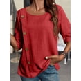 thumbnail image 5 of Women'S Round Neck Short Sleeve Cotton and Linen Button Fashion Casual Top Loose Formal Work T-Shirt Red XXL, 5 of 7