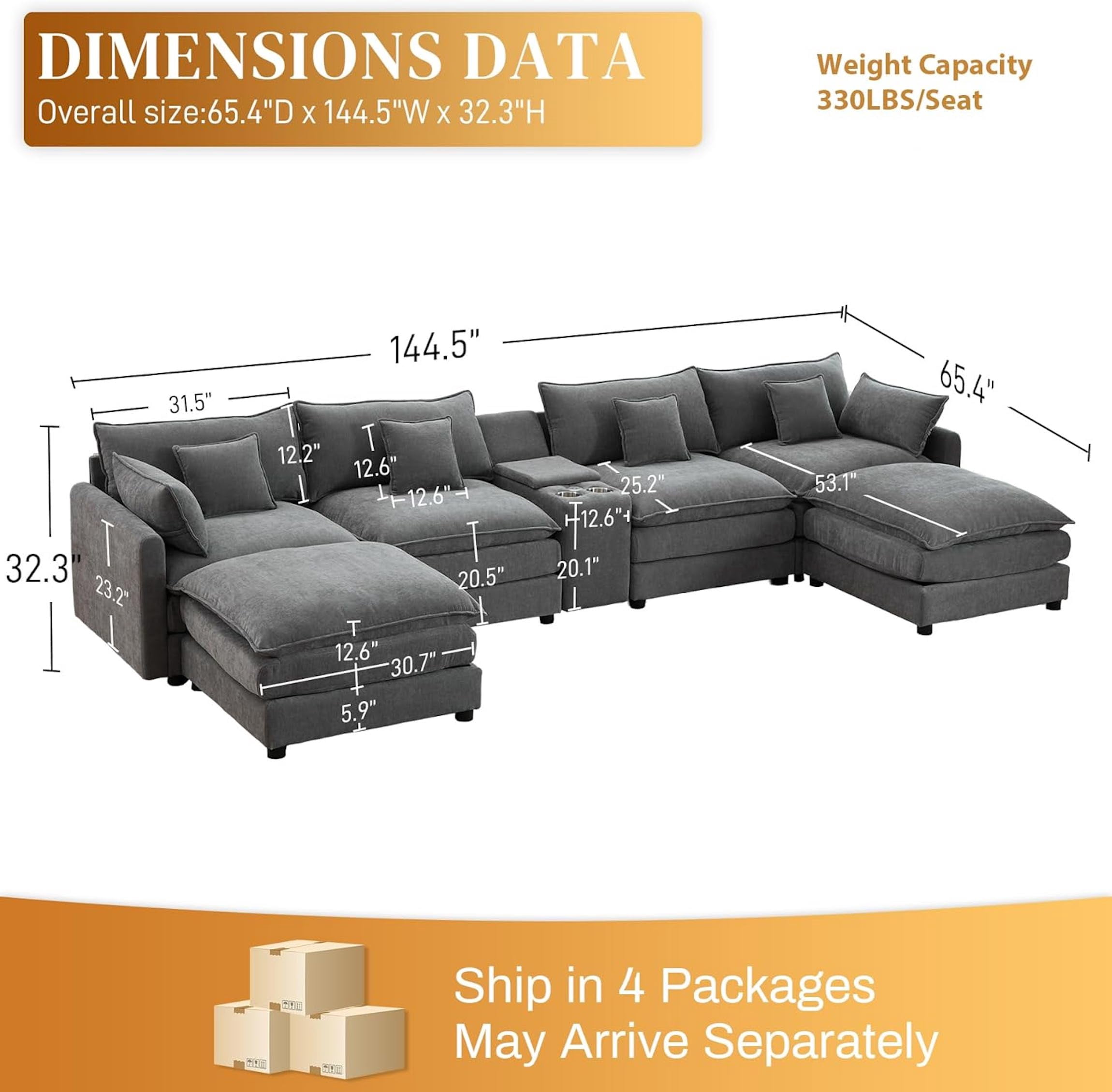 Vinform 145" U Shaped Cloud Couch Sectional with USB Charging, Hidden Storage, Cup Holders & Double Chaise, Grey