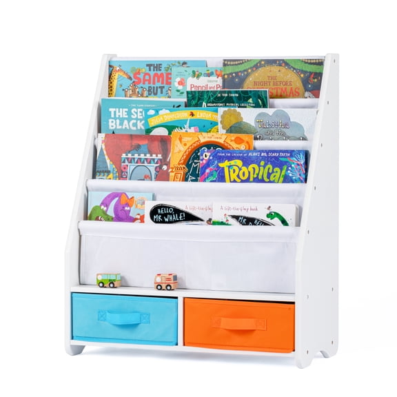 STAROUS Kids Kids Bookshelf with Storage Bins, Book Shelf for Kids Rooms, 4-Tier Toddler Sling Bookshelf for Nursery, Living Room, Bedroom, White