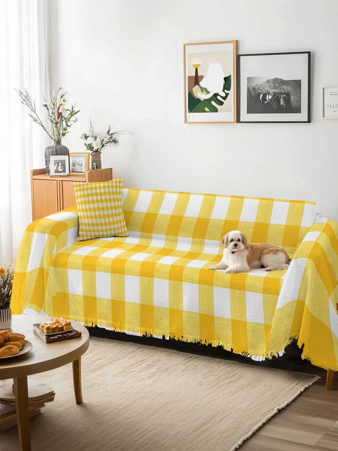 Yellow Couch Cover Sofa Covers 3 Cushion Sectional Couch, Country French Rustic Buffalo Plaid Modern Art Washable Sofa Covers Slipcover Sectional Sofa Cover, Furniture Protector 71"x150"