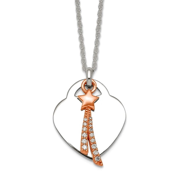 925 Sterling Silver Rose-tone Polished Cubic Zirconia Shooting Star and Love Heart Necklace 16 Inch 19mm Wide Pendant Ne