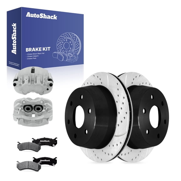 AutoShack Rear Vented Drilled & Slotted E-Coated Brake Rotors   Ceramic Pads   Calipers 8-PC Brake Kit Replacement for 2007 Chevrolet Silverado 1500 Classic ShadowGuard 12.8" (325 mm)