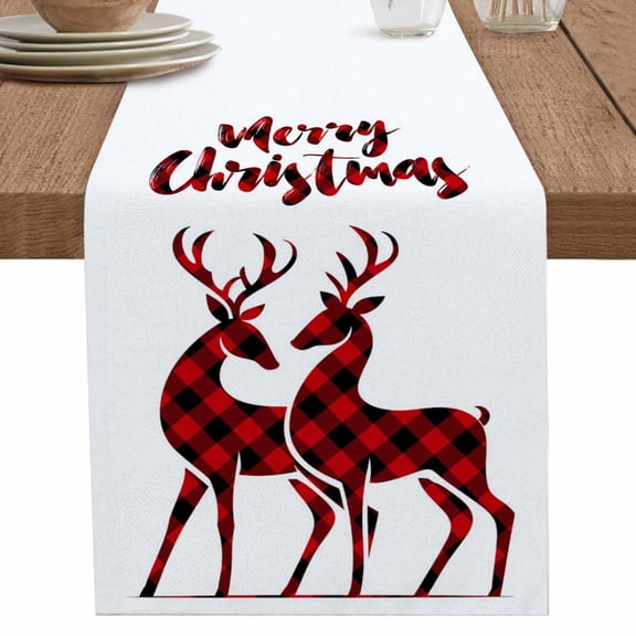 nqOlkjepod Merry Christmas Table Runner 120 Inches Long Farmhouse Dress Scarves, Plaid Xmas Elk Seasonal Winter Holiday Dining Tablerunner for Coffee Table/Kitchen Island/Party Décor, 13" x 120"