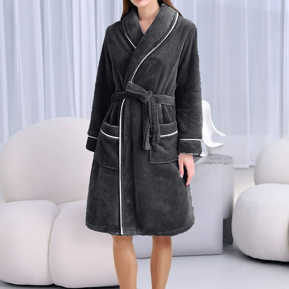 JUSLIO Womens Nightgown Solid Loungewear Long Sleeve Robes Classic Collar Pajama Fleece Sleepwear Winter Warm Nightgown Sleep Dress