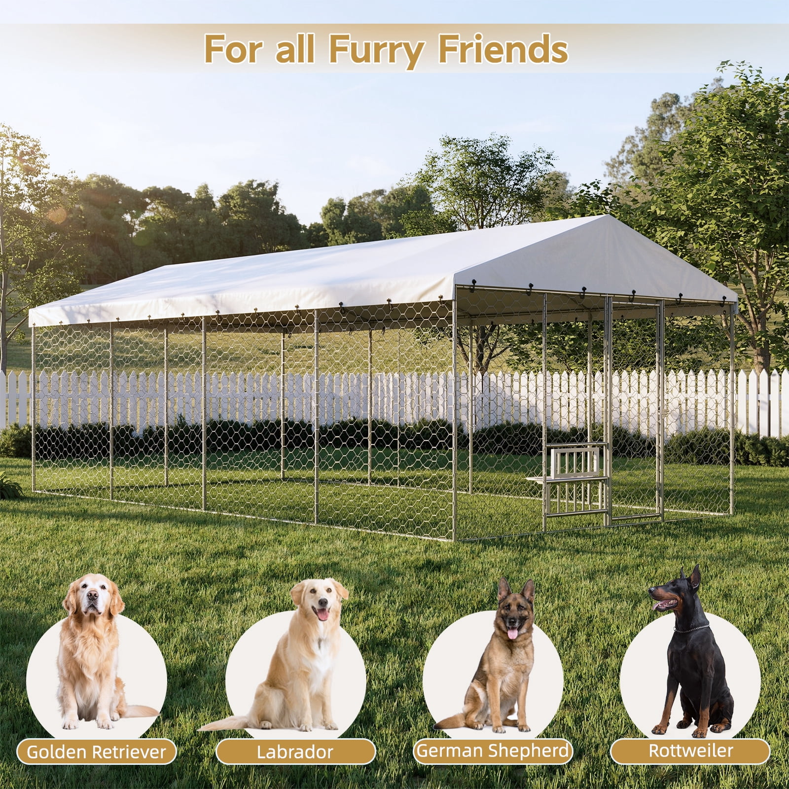 20x10 FT Large Outdoor Dog Kennel with Canopy,Heavy Duty Galvanized Steel,Waterproof Cover,Elevated Feeding Bowls,Escape-Proof Lockable Playpen for Large Dogs & Multiple Pets
