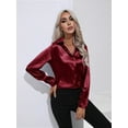thumbnail image 4 of Satin Blouses for Women Casual Long Sleeve Button Down Shirts Dressy Business Work Tunic Top Wine Red XL, 4 of 9