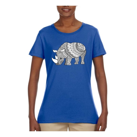 Black and White Mosaic Retro Mandala Rhino Animal Lover Womens Graphic T-Shirt, Royal, 3XL