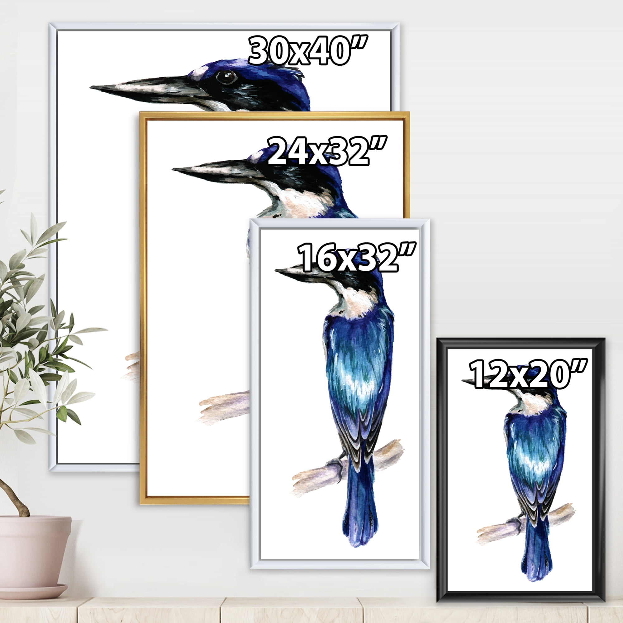 Style Blue Kingfisher Bird 30 in x 40 in Framed Painting Canvas Art Print, by Designart