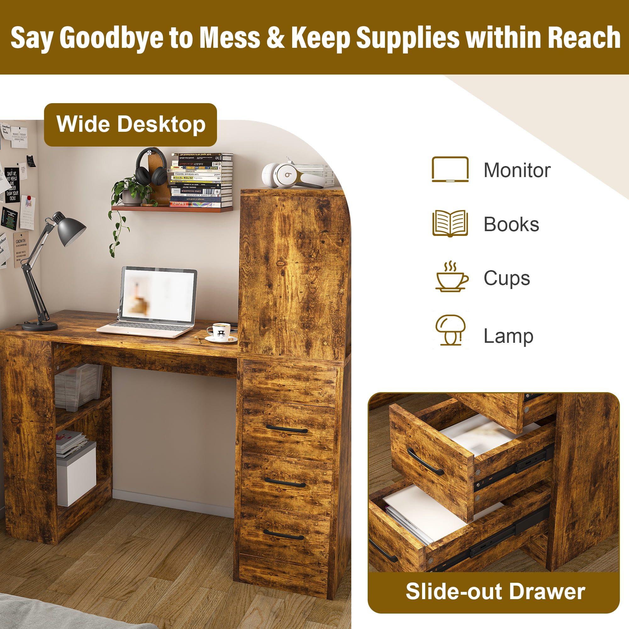 L Shaped Desk with Hutch, Home Office Desk with 3 Drawers and Bookshelf, Charging Station, Wood Computer Desk for Work and Study