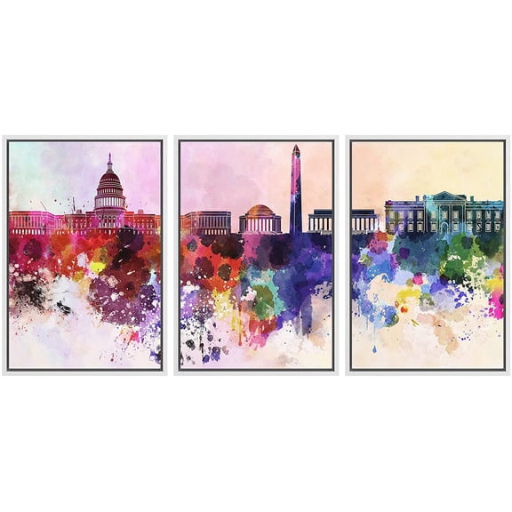 wall26 - Washington DC in Watercolor - Framed Canvas Art Wall Art - 16"x24"x3 White