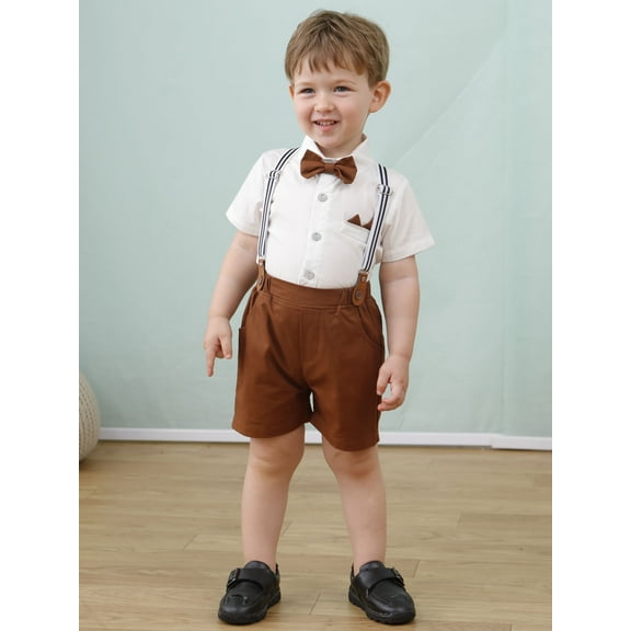 CARETOO Toddler Boy Outfits 1-5T Shirts Bowtie Suspender Shorts Formal Clothes Suits Cotton Fabric