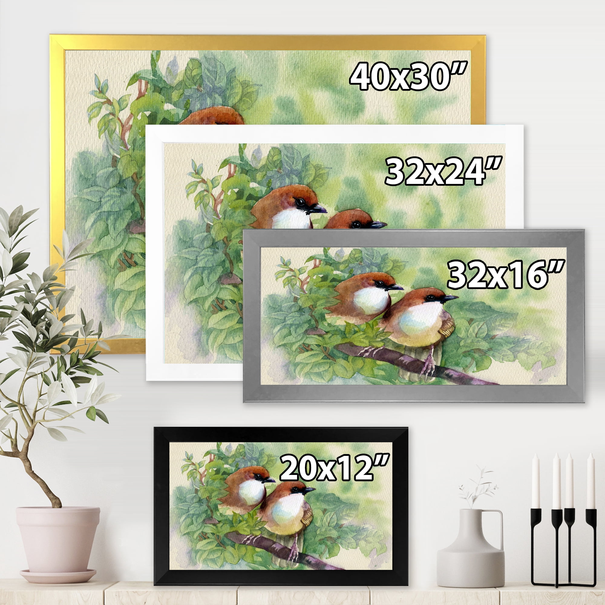 Birds Of Spring Sitting On Branch 20 in x 12 in Framed Painting Canvas Art Print, by Designart
