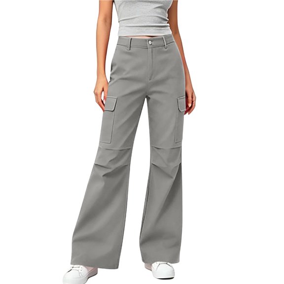 Levmjia Women High Waisted Cargo Pants Wide Leg Bootcut Multi Pockets Casual Workwear Trousers with Button Zipper Closure