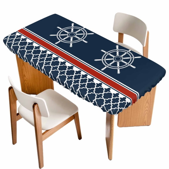 Navy Blue Coastal Table Cloths for 6 Foot Rectangle Tables, Nautical Ocean Sea Rudder Abstract Art Patio Waterproof Elastic Fitted Tablecloths, Washable Rectangular Table Cover for Camping