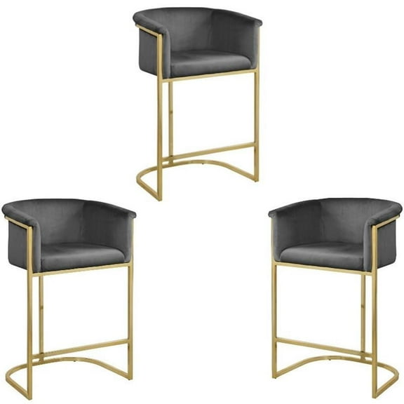 Home Square 3 Piece 27" Velvet Counter Stool Set with Gold Metal Base in Gray