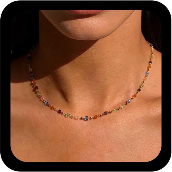 Vintage Colorful Crystal Choker Necklaces Rainbow Crystal Bead Necklace Multi Cz Baguette Necklace Multi Color Gemstone Necklaces Sparkling Rhinestone Collar Jewelry for Women