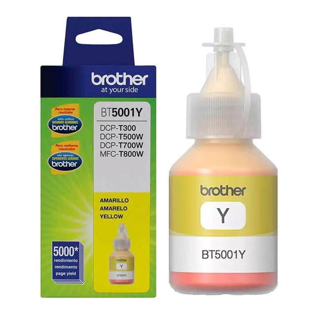 Tinta para Impresora Brother BT-5001Y Amarilla en botella plástica compacta, compatible con modelos DCP-T300, DCP-T500W, DCP-T700W y MFC-T800W, ofrece ultrarendimiento con capacidad de impresión hasta 5000 páginas, ideal para impresiones de alta calidad y uso eficiente en oficinas o hogares.