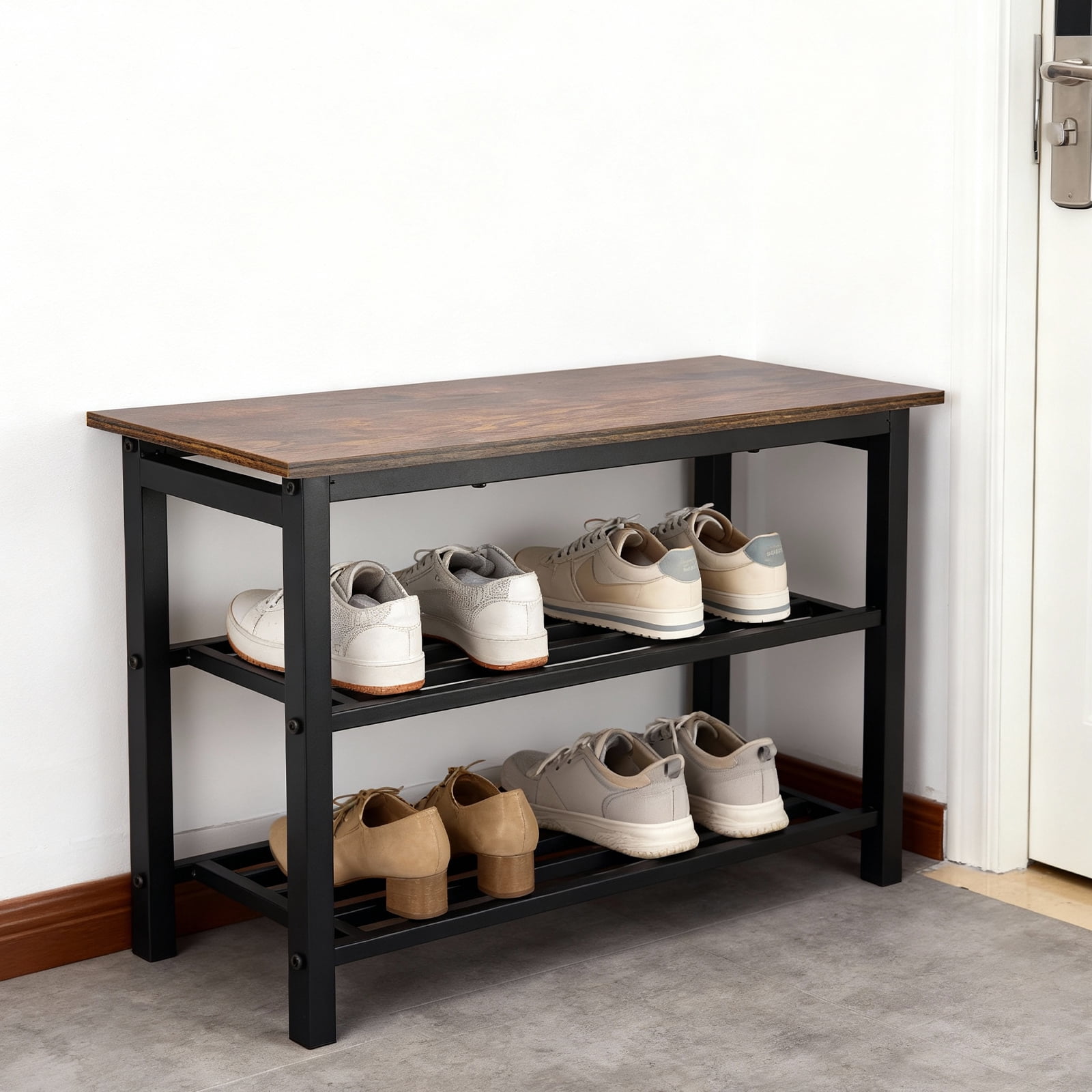 27" Shoe Bench, Modern Industrial Shoe Storage Bench, Entryway Bench with Mesh Shelf and Sturdy Metal Frame, Metal Shoe Rack with Durable Wood Top for Hallway, Mudroom, Living Room, Rustic Brown