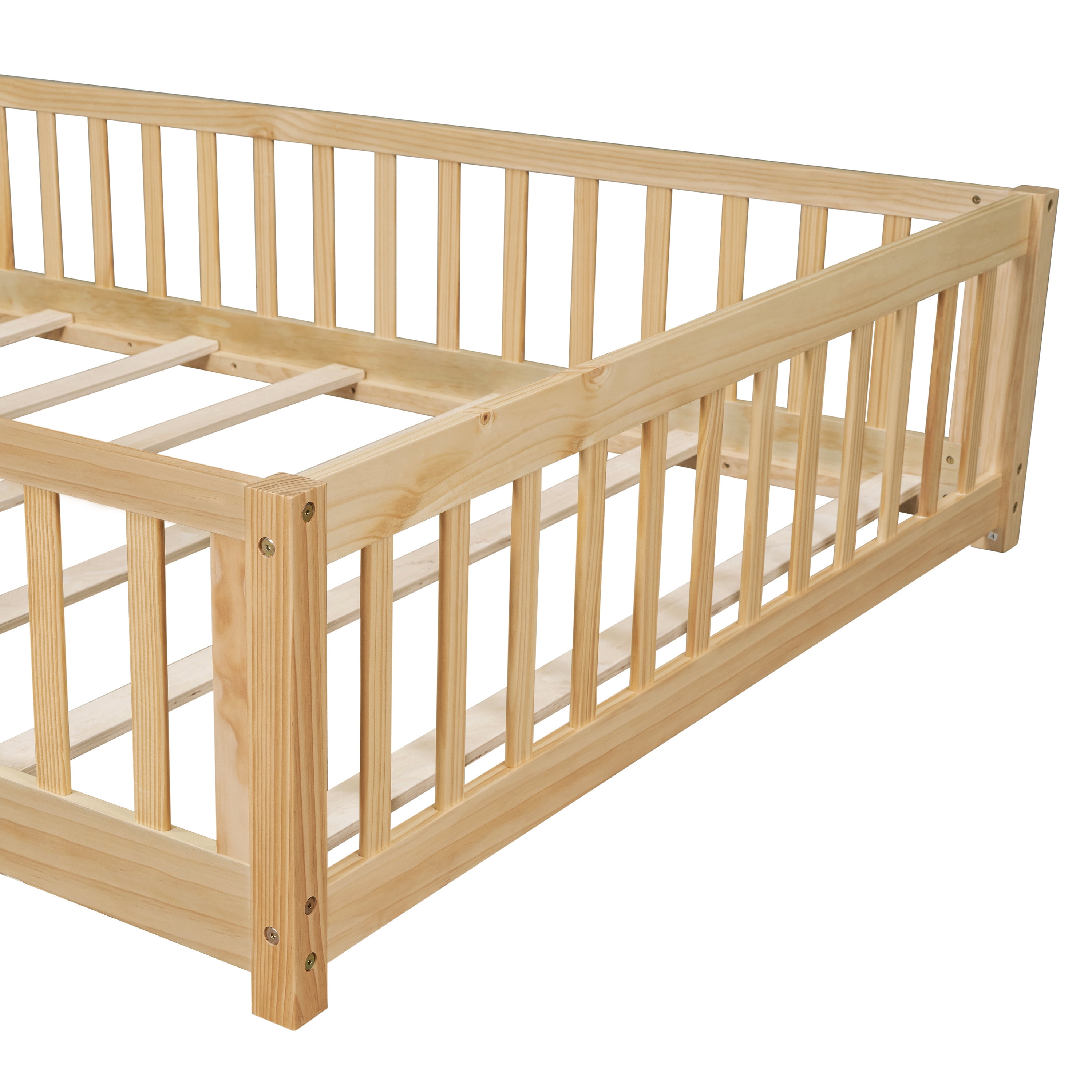 Alvantor Full Size Montessori Floor Bed for Kids with Door and Fence, Rubber Wood Toddler Platform Bed Frame, No Box Spring Needed, Natural