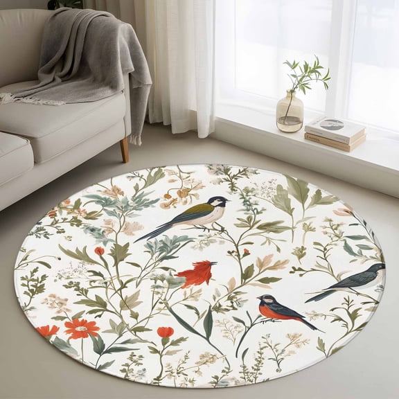 Round Rugs 4Ft, Pastoral Botanical Round Area Rug Washable Indoor Throw Carpet, Summer Birds Spring Floral Soft Non Slip Circle Rug for Kitchen Nursery Room Home Decor Aesthetic