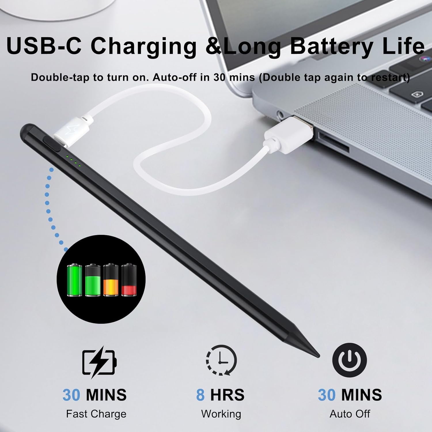 Stylus Pen for iPad Pencil 6-11th Generation(2018-2025) - 2X Fast Charge Active Pencil Compatible with Apple Pencil Pro 11"/12.9"/M4, Air 3/4/5/M2/M3,mini 5/6, Black