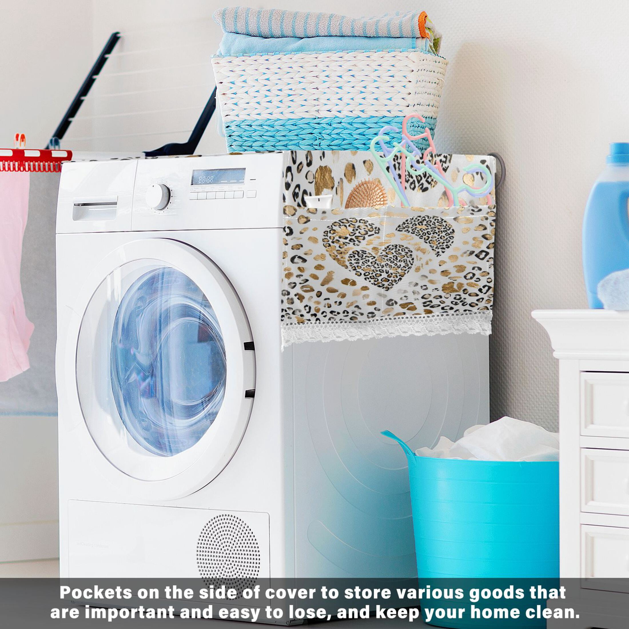 Wobogo Leopard Print Heart Washing Machine Cover Dustproof Washer Dryer Cover Waterproof Laundry Room Decorative Protector