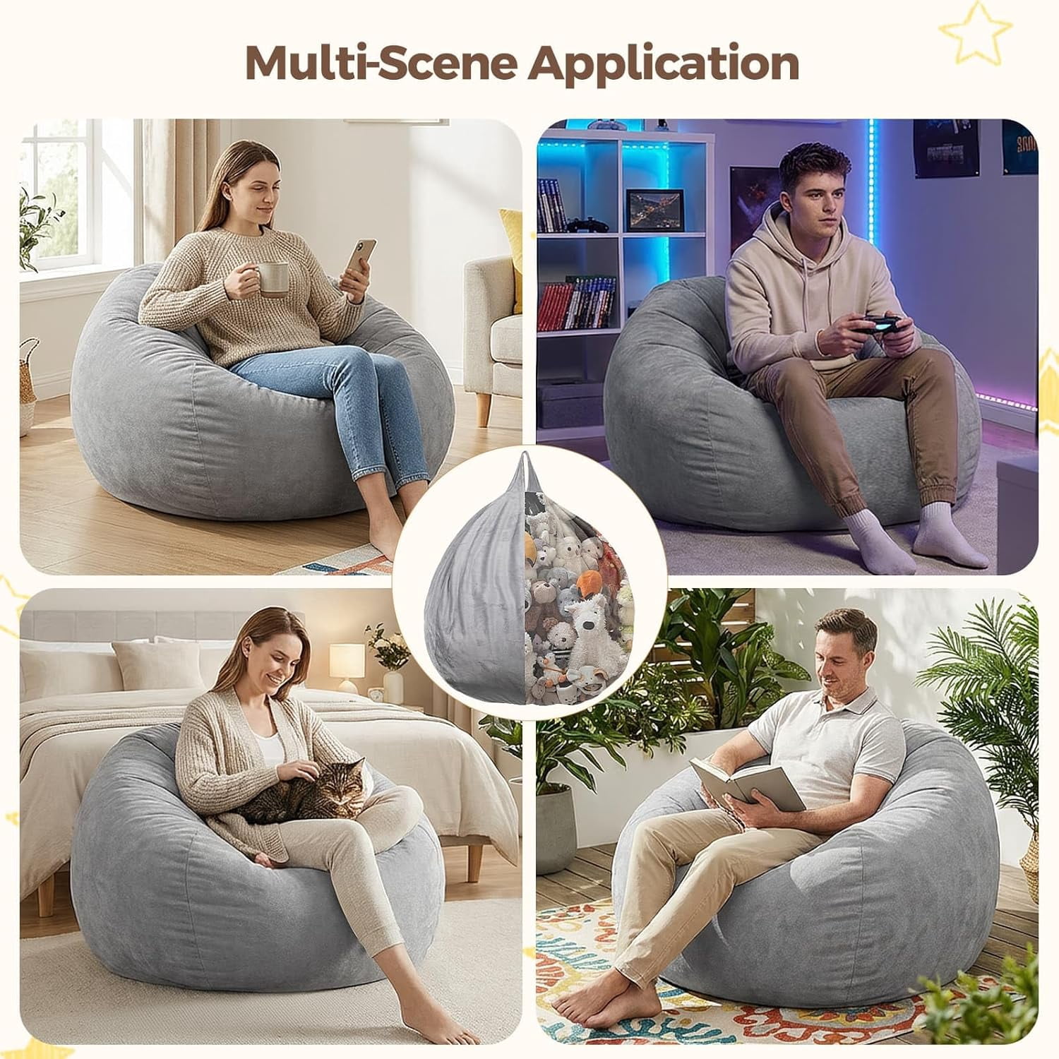 Stuffed Animal Storage Bean Bag Chair Cover for Kids (No Filler), Soft Comfy Velvet Beanbag Chair Cover Machine Washable, Kids Bean Bag Chair with Handle for Living Room Bedroom Dorm,Dark Gray