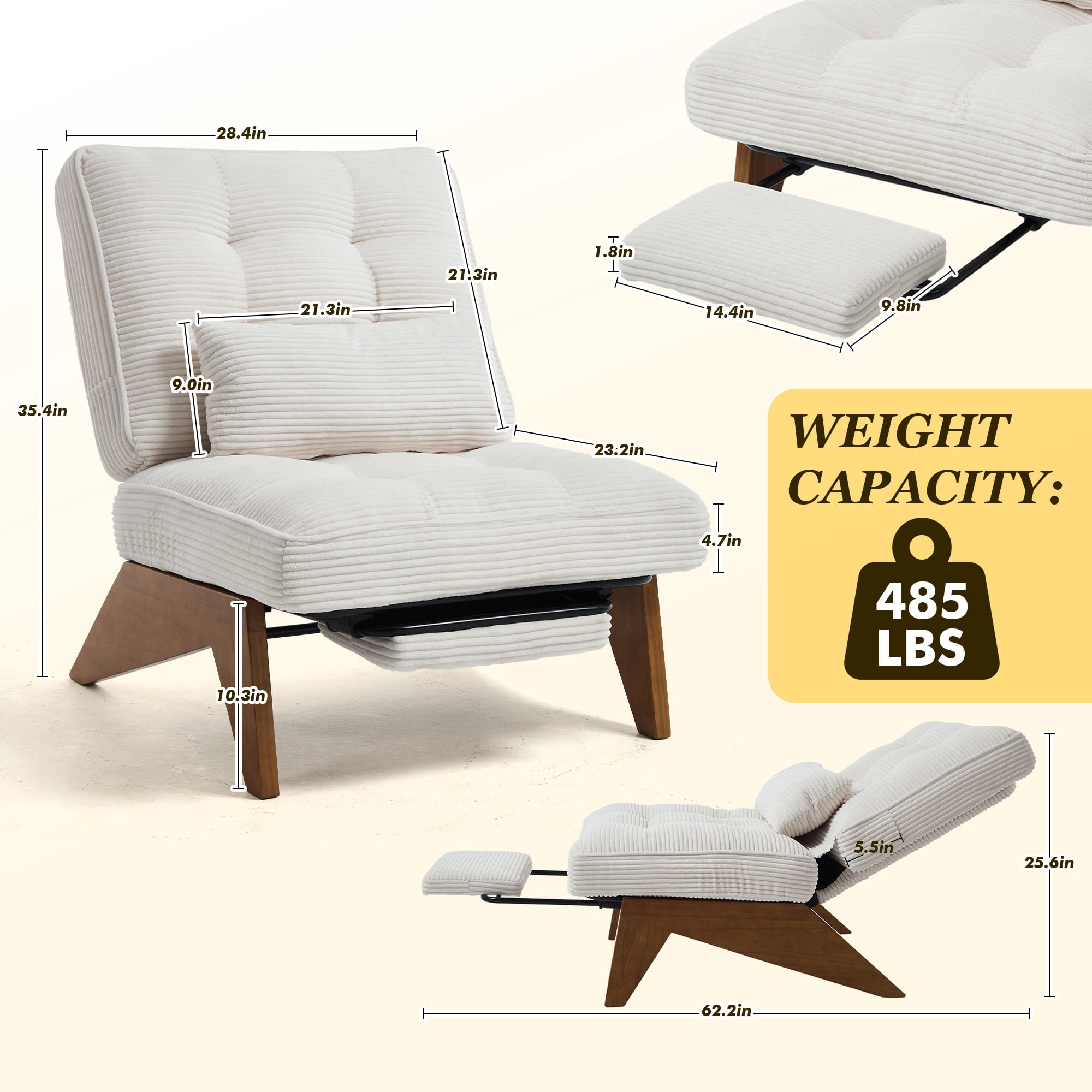 MOONMISS Modern Adjustable Lounge Chair with Footrest,Wooden Base Upholstered Recliner for Reading Rest Corduroy