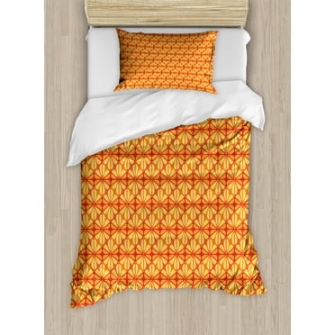 Orange Duvet Cover Set Twin Size, Geometric Grid Design with Floral Motifs Modern Design Warm Colors, Decorative 2 Piece Bedding Set with 1 Pillow Sham, Orange Vermilion Yellow, by Ambesonne
