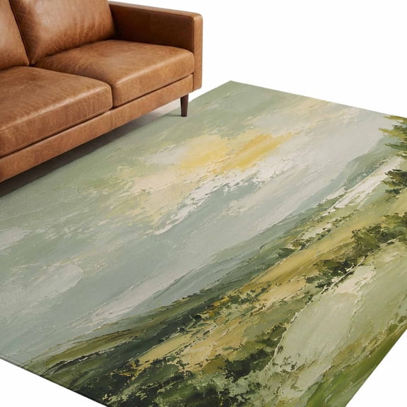 Green Textured Grassy Valley Washable Area Rug 5 x 7 ft Vintage Landscape Rolling Hills Soft Non‑Slip Rugs Stain Repellent Indoor Mats for Living‑Room, Formal Dining Room, Recreation Room